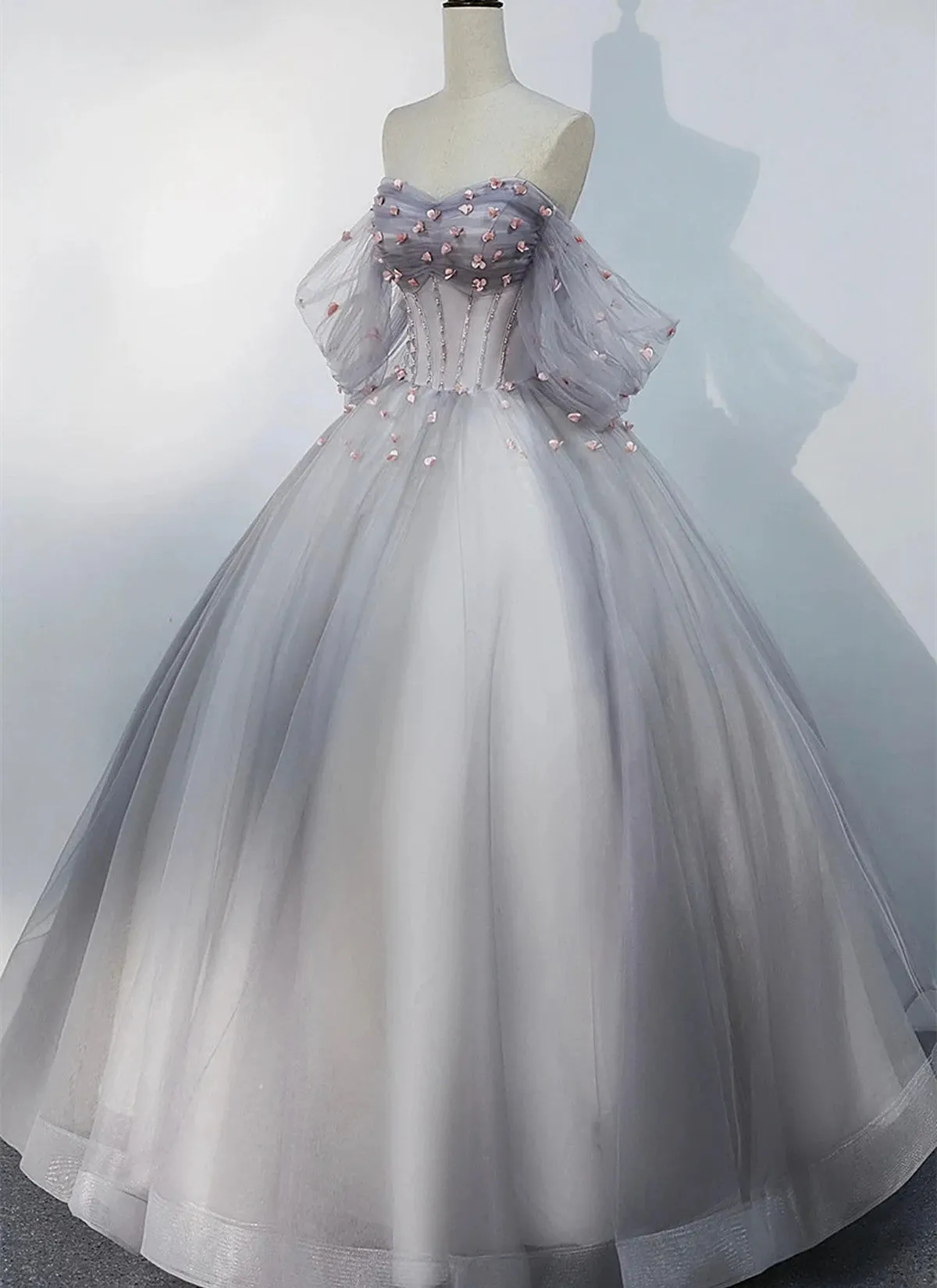 Grey Tulle Sweetheart Flowers Formal Dress, Off the Shoulder A-Line Prom Dress