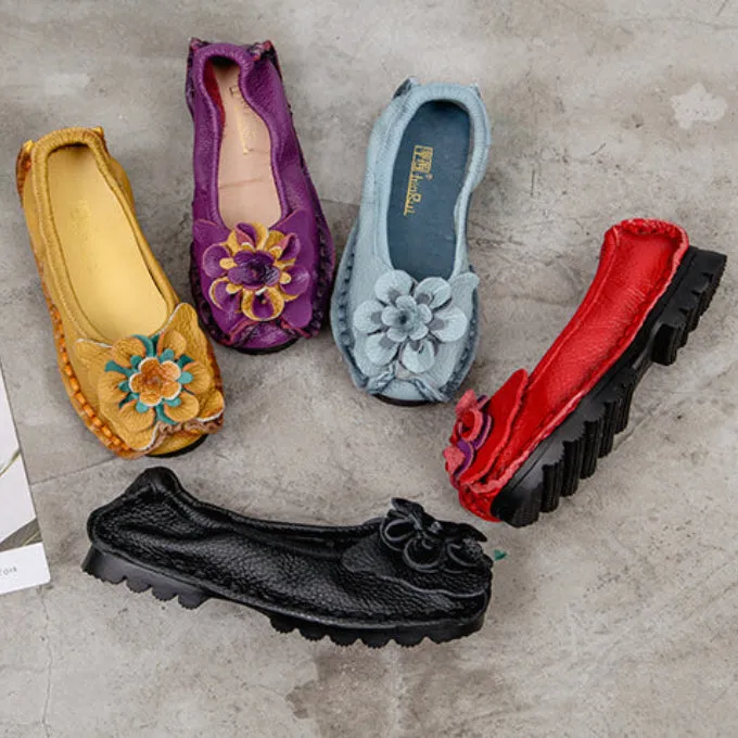 Handmade Women Shoes Retro Comfortable Leather Soft Sole Flower Shoes