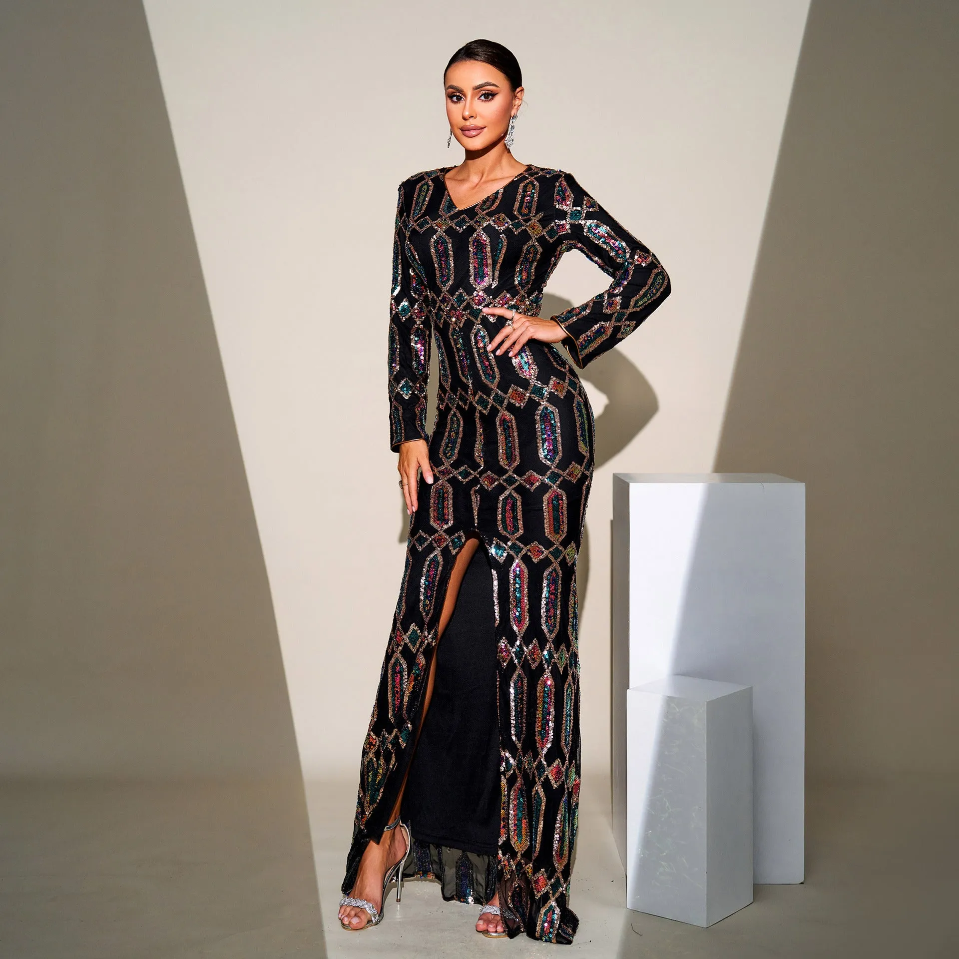 High End Sequined Long Sleeve Cocktail Evening Dress