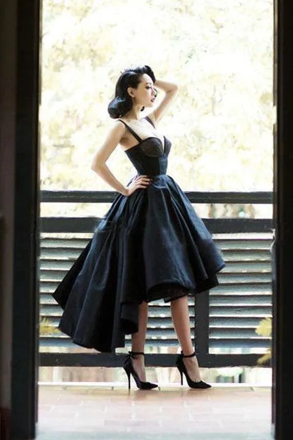 High Low Black Dress Vintage Homecoming Dresses Short Prom Dress TP1217