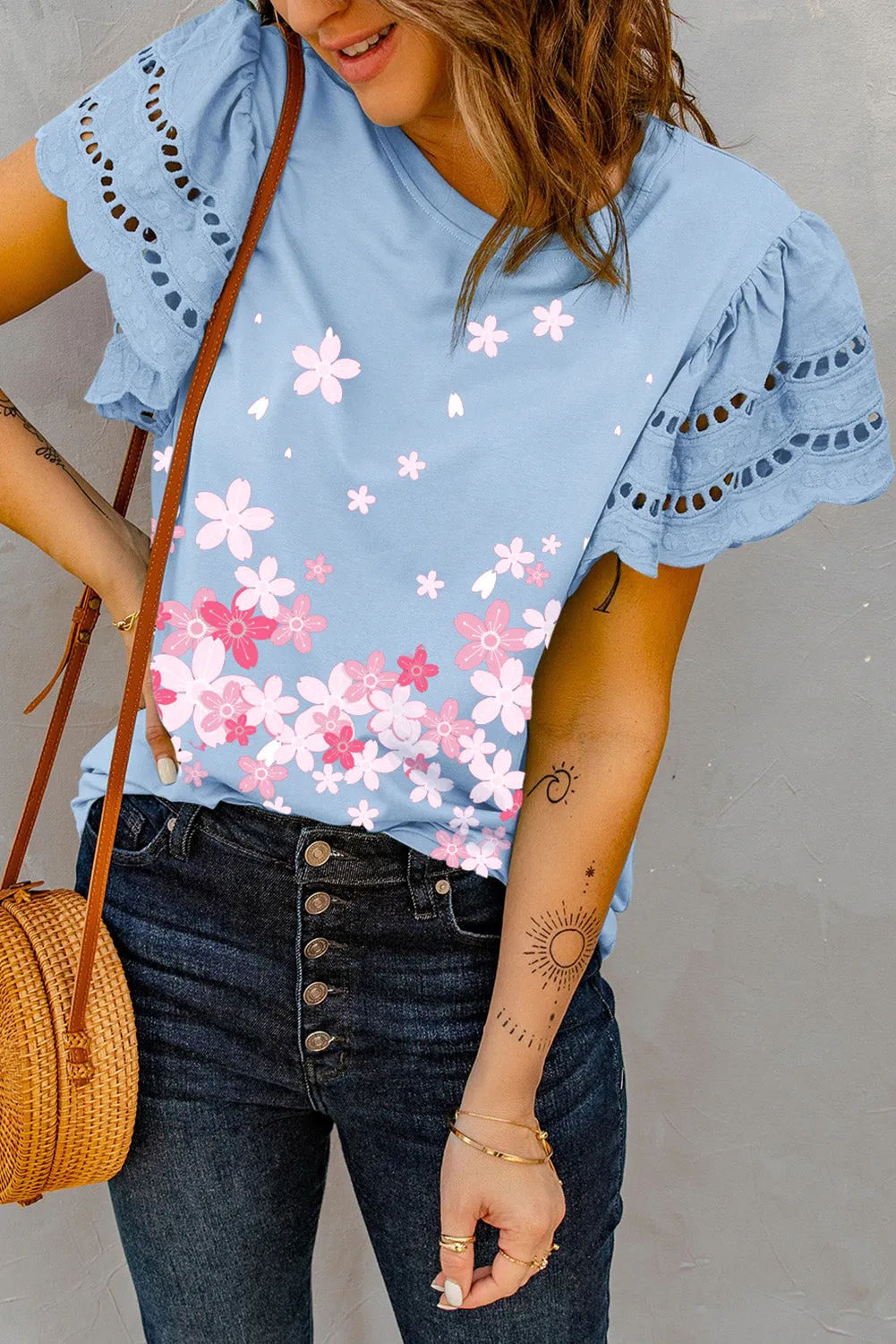 Hollow Out Ruffle Sleeve T-shirt