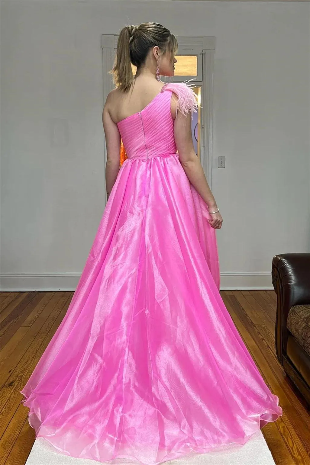Hot Pink A-line One Shoulder Pleated Long Prom Dress with Feathers TP1214