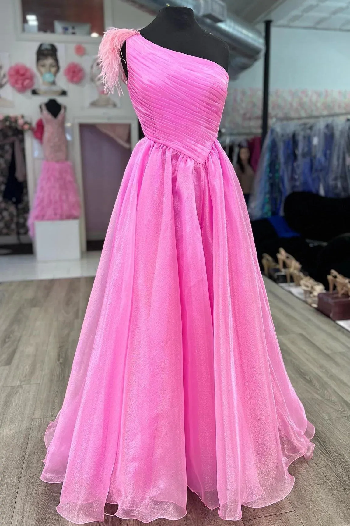 Hot Pink A-line One Shoulder Pleated Long Prom Dress with Feathers TP1214