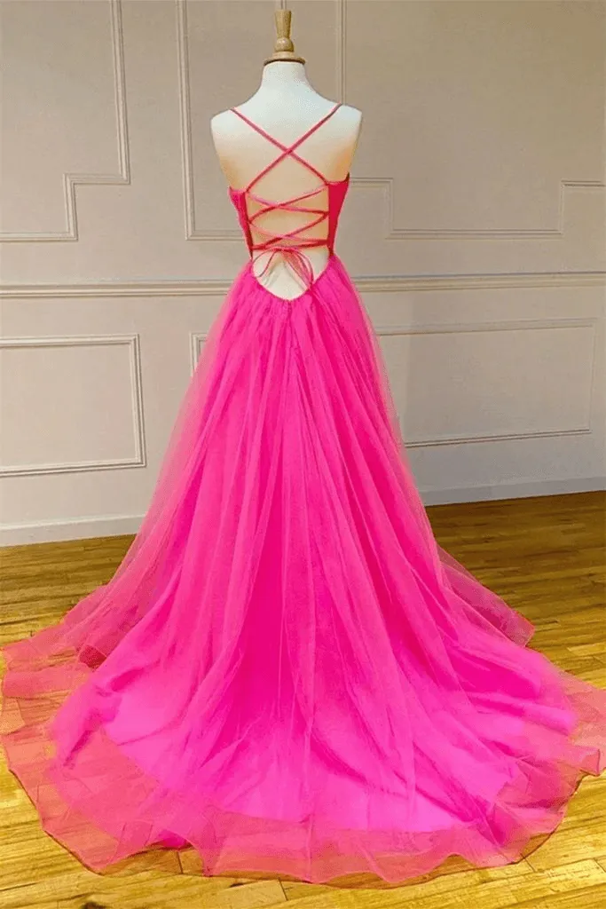 Hot Pink A Line Tulle Prom Dresses Long Formal Dress Dance Dresses TP1118