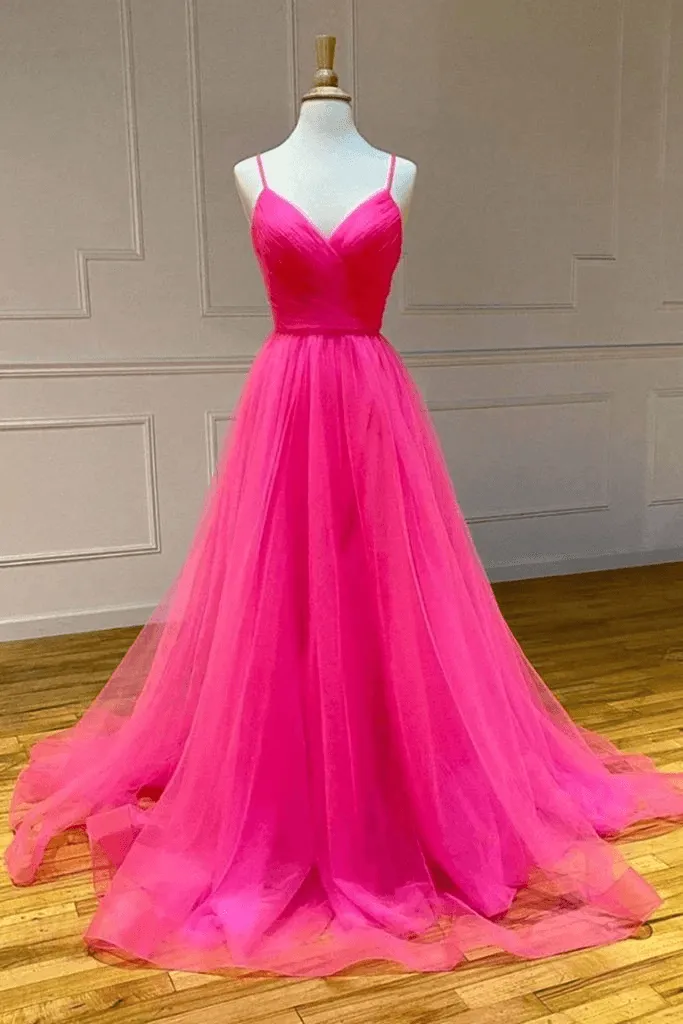Hot Pink A Line Tulle Prom Dresses Long Formal Dress Dance Dresses TP1118