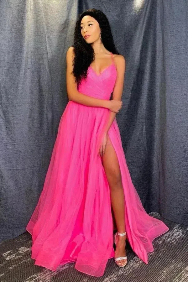 Hot Pink Tulle A Line V Neck Long Prom Dress, Gorgeous Formal Gown APP0731