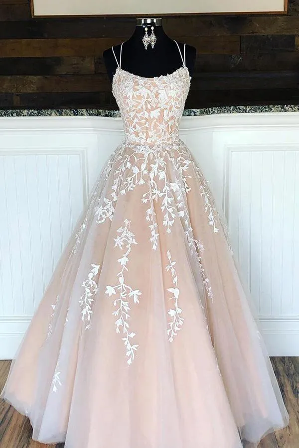 Hot Selling A line Appliques Long Formal Spaghetti Straps Evening Dress TP0980