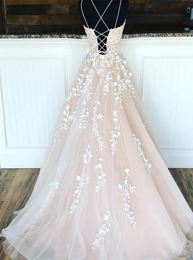 Hot Selling A line Appliques Long Formal Spaghetti Straps Evening Dress TP0980