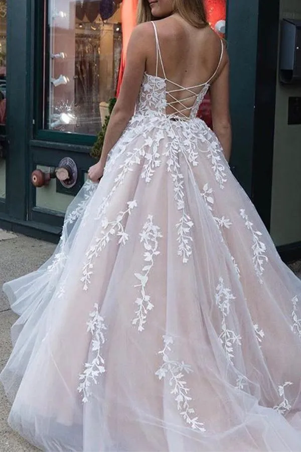 Hot Selling A line Appliques Long Formal Spaghetti Straps Evening Dress TP0980