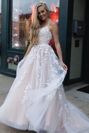 Hot Selling A line Appliques Long Formal Spaghetti Straps Evening Dress TP0980