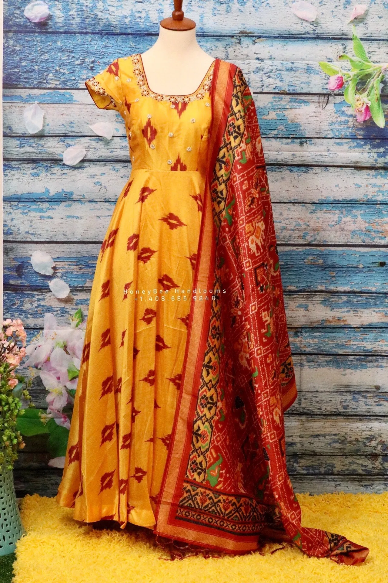 Ikkat,Indian Designer anarkali,Indian Stitched Dress for women, zardhosi maggam mirror work green Dress ,Indian Partywear patola Duppatta
