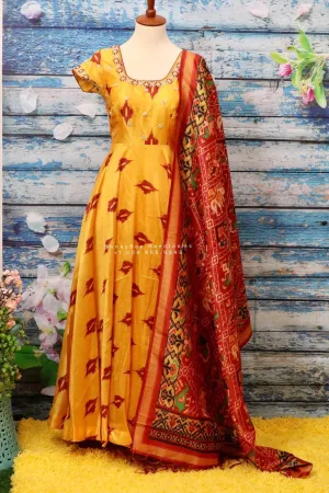 Ikkat,Indian Designer anarkali,Indian Stitched Dress for women, zardhosi maggam mirror work green Dress ,Indian Partywear patola Duppatta