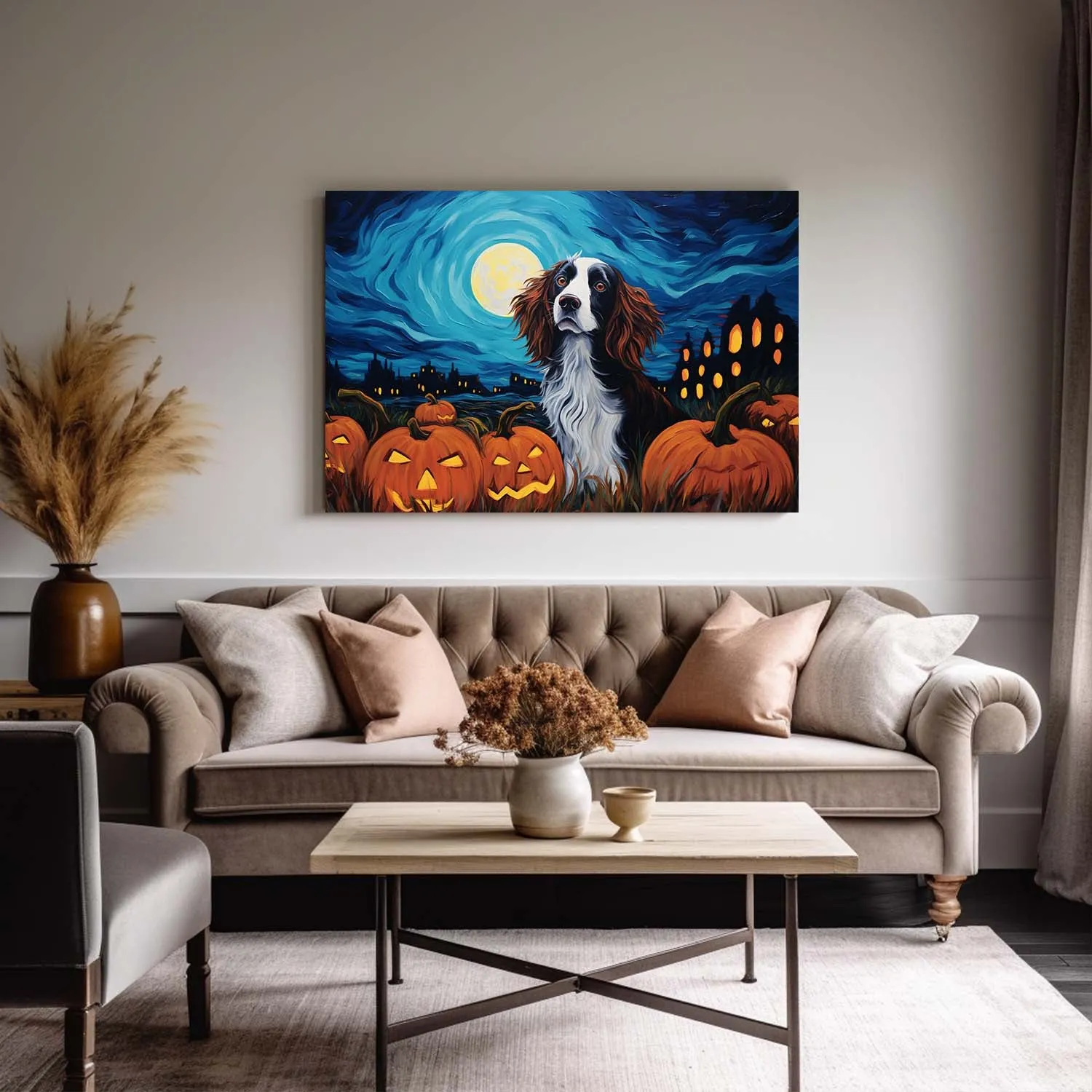 Irish Setters Dog 01 Halloween With Pumpkin Oil Painting Van Goh Style, Wooden Canvas Prints Wall Art Painting , Canvas 3d Art