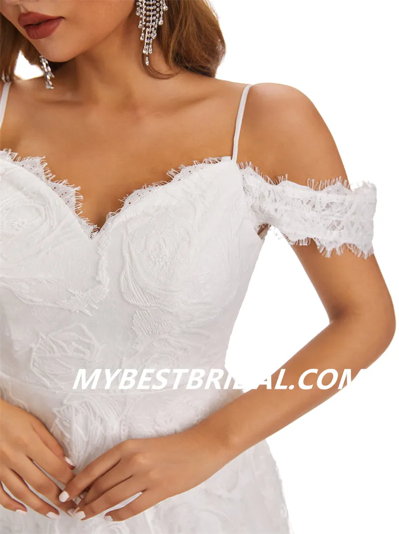 Ivory A-Line Spaghetti Straps Off Shoulder Side Slit Handmade Lace Wedding Dresses, WDY0185