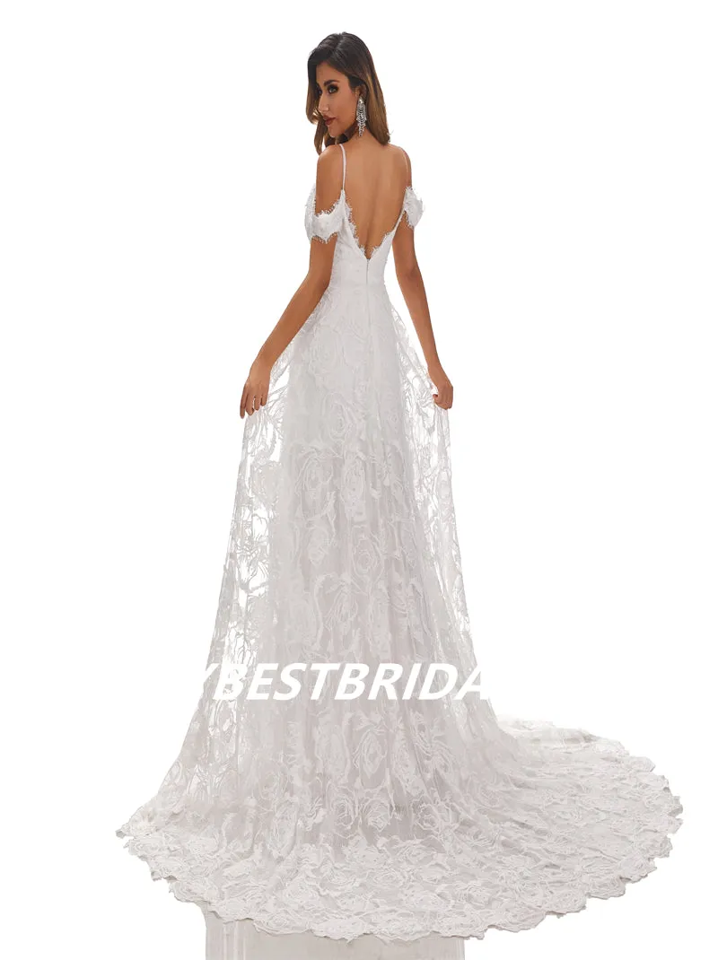 Ivory A-Line Spaghetti Straps Off Shoulder Side Slit Handmade Lace Wedding Dresses, WDY0185