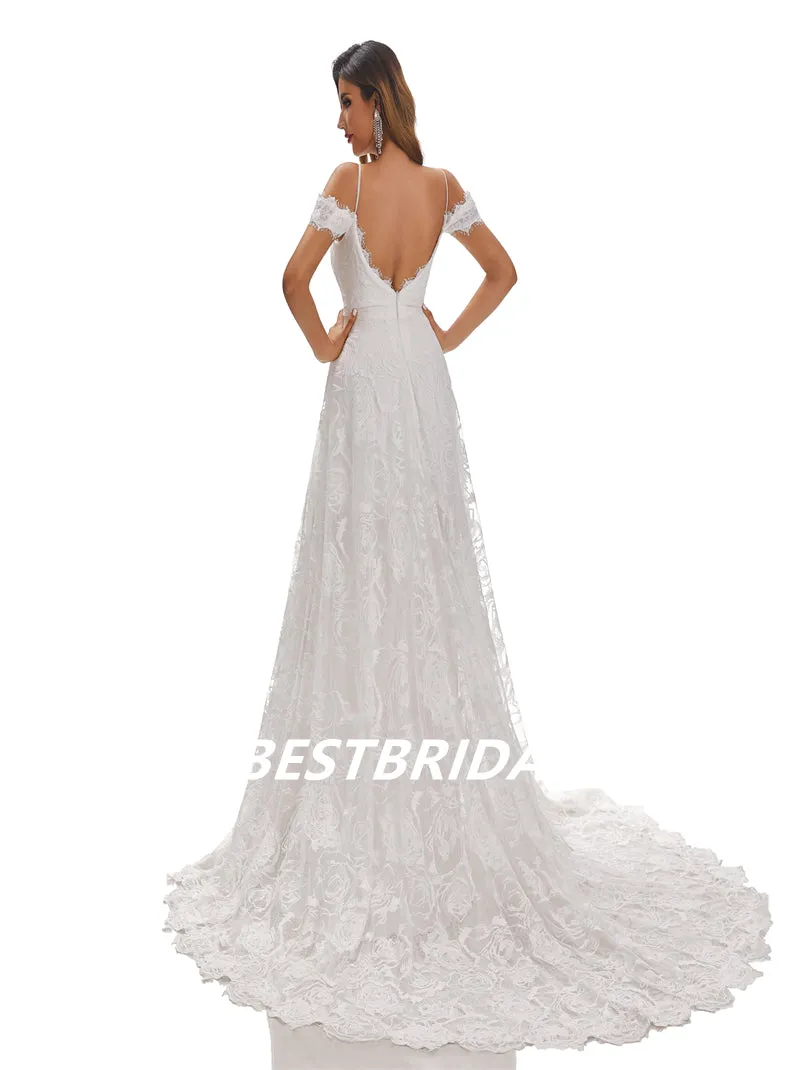 Ivory A-Line Spaghetti Straps Off Shoulder Side Slit Handmade Lace Wedding Dresses, WDY0185