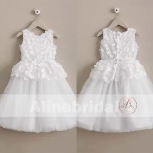 Ivory Handmade Flower Cute Round Neck Sleeveless Flower Girl Dresses, FGS066