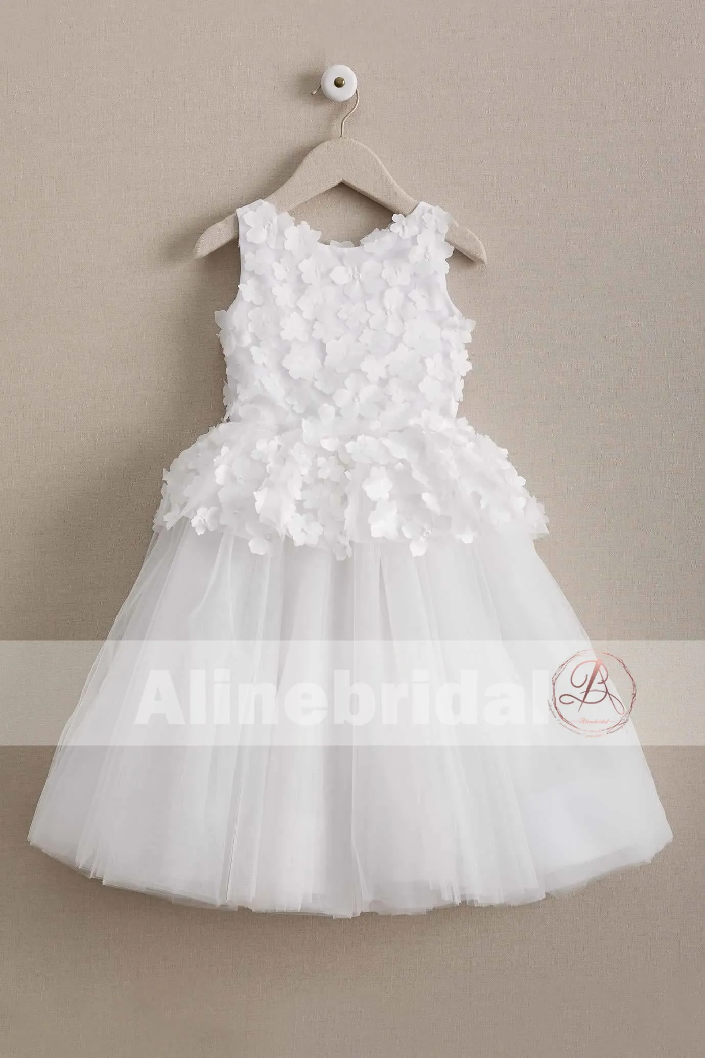 Ivory Handmade Flower Cute Round Neck Sleeveless Flower Girl Dresses, FGS066
