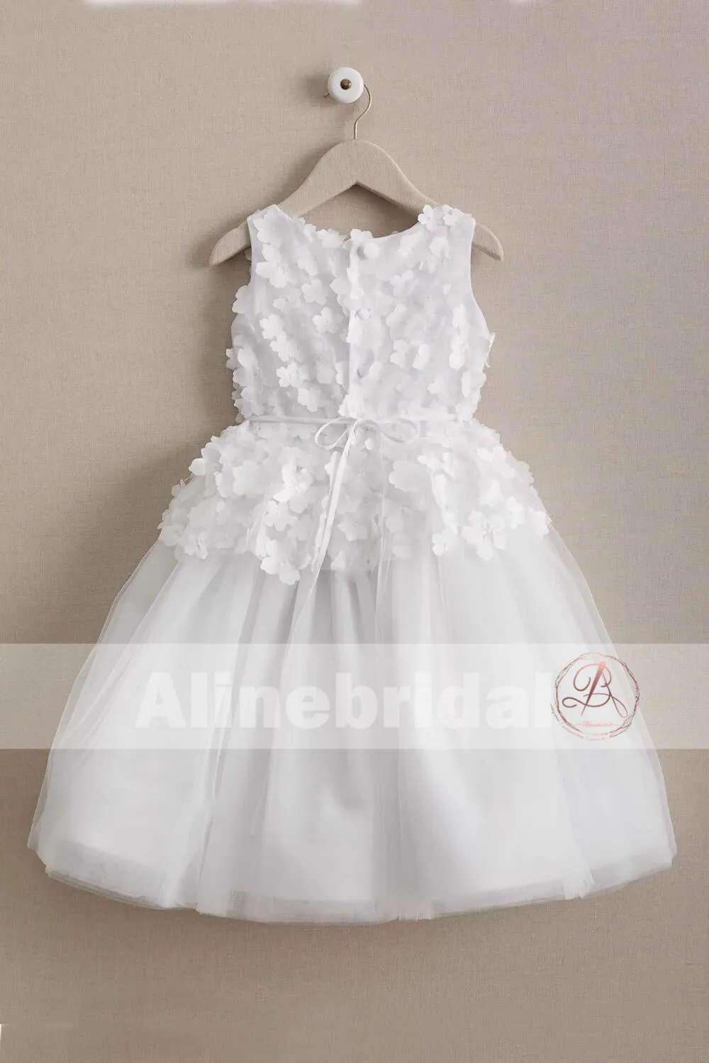 Ivory Handmade Flower Cute Round Neck Sleeveless Flower Girl Dresses, FGS066