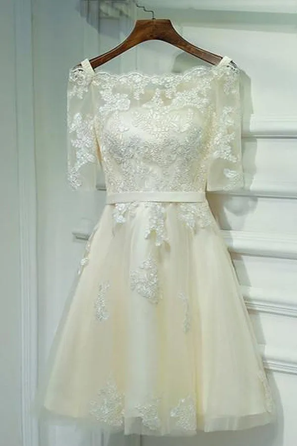 Ivory Off Shoulder Half Sleeve Short Prom Dress,Lace Up Appliques Homecoming Dress SH136
