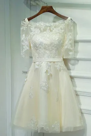 Ivory Off Shoulder Half Sleeve Short Prom Dress,Lace Up Appliques Homecoming Dress SH136