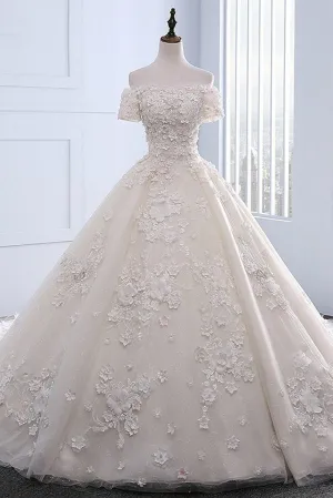 Ivory strapless sweep train off shoulder lace floral wedding dress with sleeves