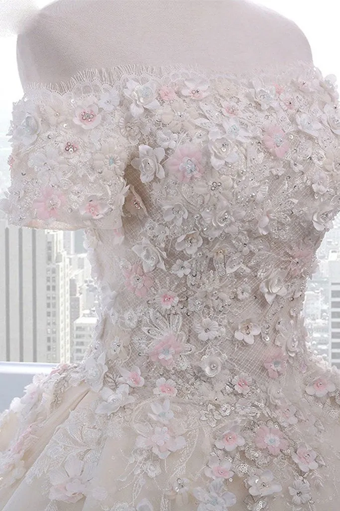 Ivory strapless sweep train off shoulder lace floral wedding dress with sleeves