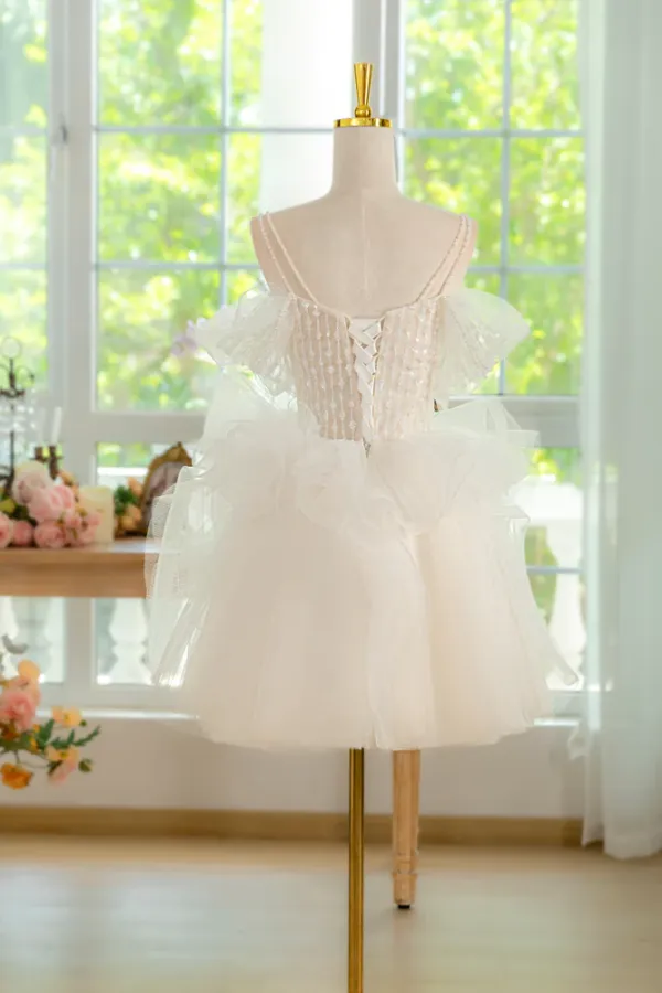 Ivory Tulle Lace Short Prom Dress, Cute ivory Homecoming Dress APH0300