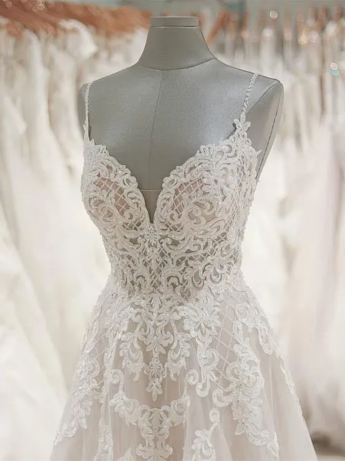 Ivory Tulle Lace Spaghetti Straps A Line Floor Length Wedding Dresses, SW175