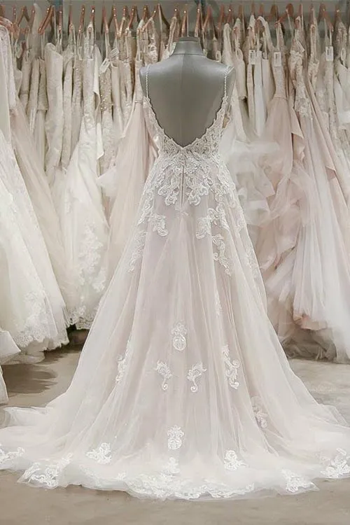 Ivory Tulle Lace Spaghetti Straps A Line Floor Length Wedding Dresses, SW175