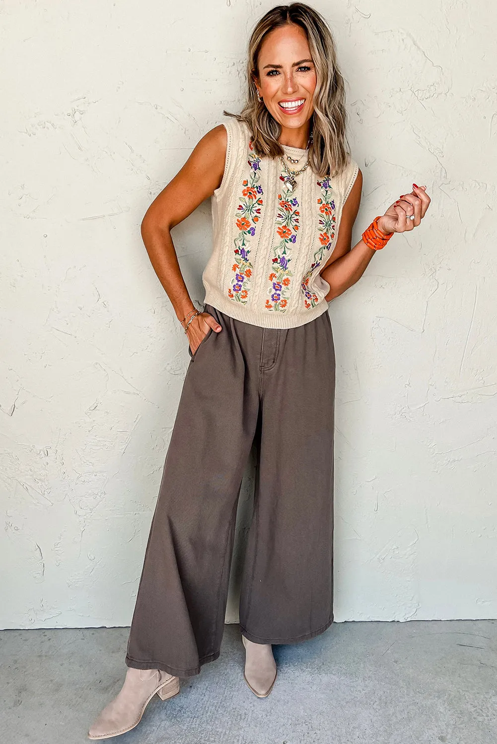Jet Stream Embroidered Floral Cable Knit Sweater Vest