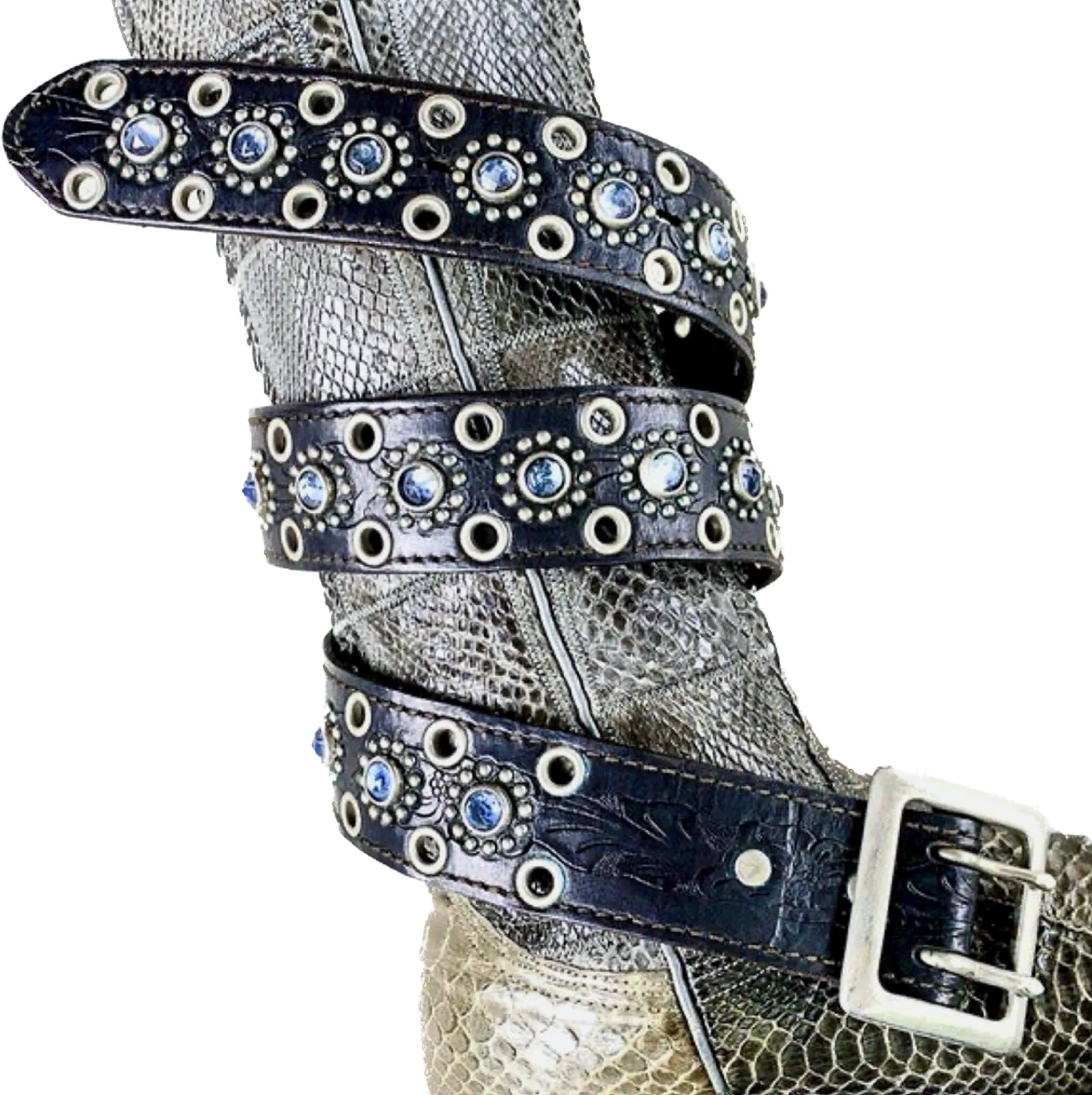 JO-ED Tooled Black Leather Blue Crystal Studded Belt