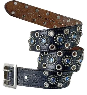 JO-ED Tooled Black Leather Blue Crystal Studded Belt