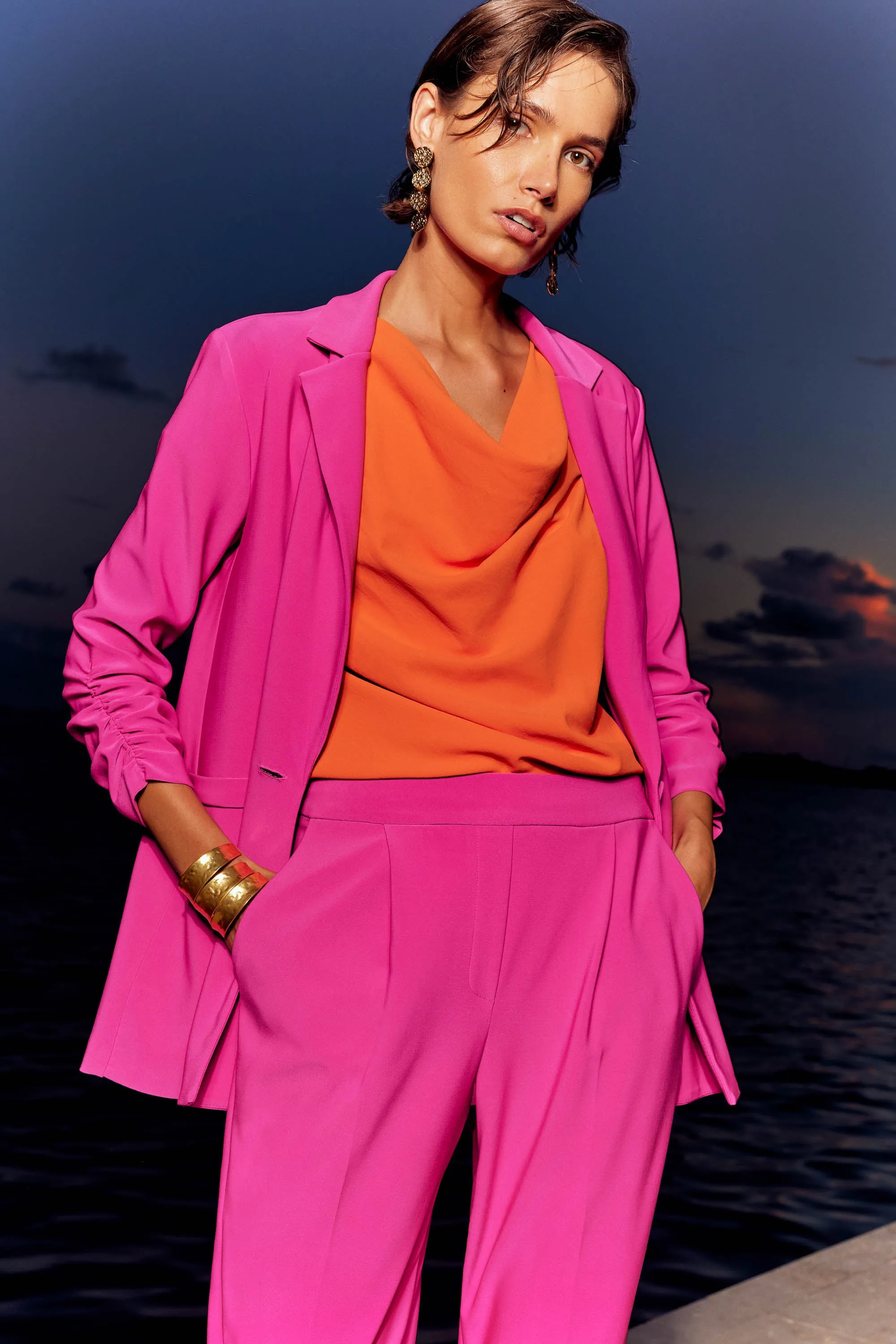 Joseph Ribkoff Silky Knit Blazer with Shirred Sleeves