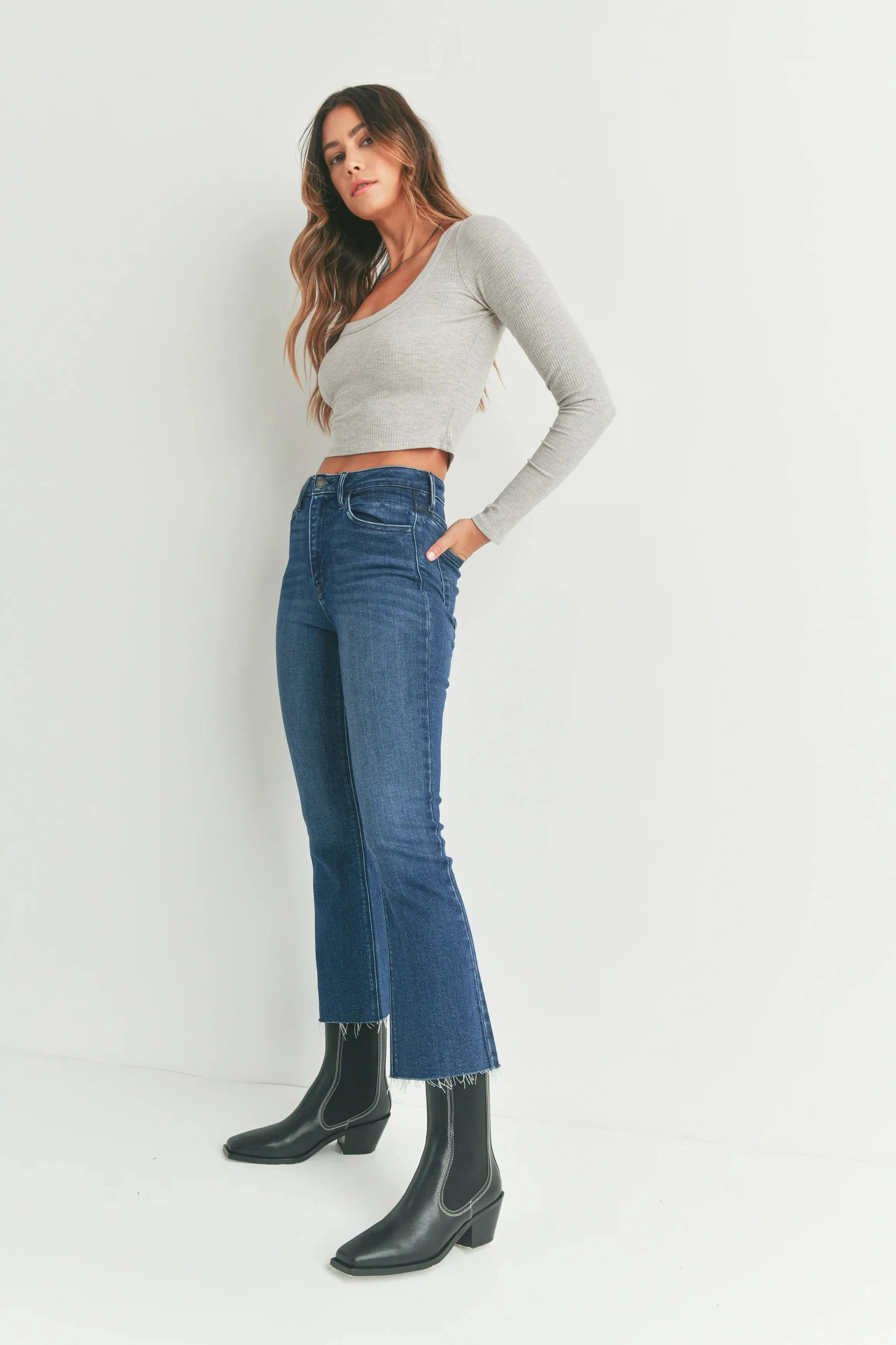 JUSTUSA HR Tonal Crop Flare Jean - Dk Denim