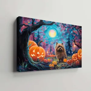 Keeshonden Dog 02 Halloween With Pumpkin Oil Painting Van Goh Style, Wooden Canvas Prints Wall Art Painting , Canvas 3d Art