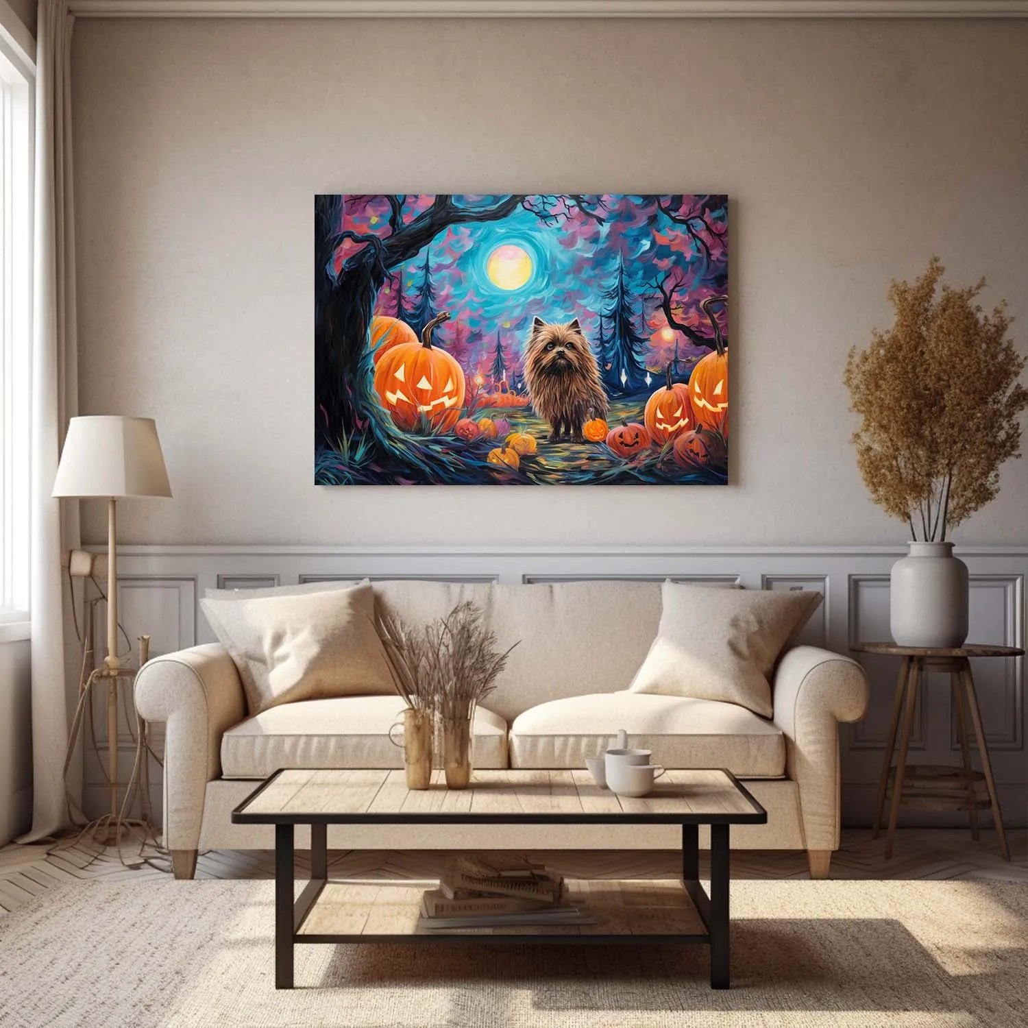 Keeshonden Dog 02 Halloween With Pumpkin Oil Painting Van Goh Style, Wooden Canvas Prints Wall Art Painting , Canvas 3d Art