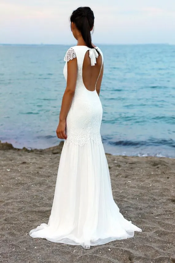 Lace Beach Open Back Cap Sleeves Scoop Custom Handmade Wedding Dresses,  WD0230