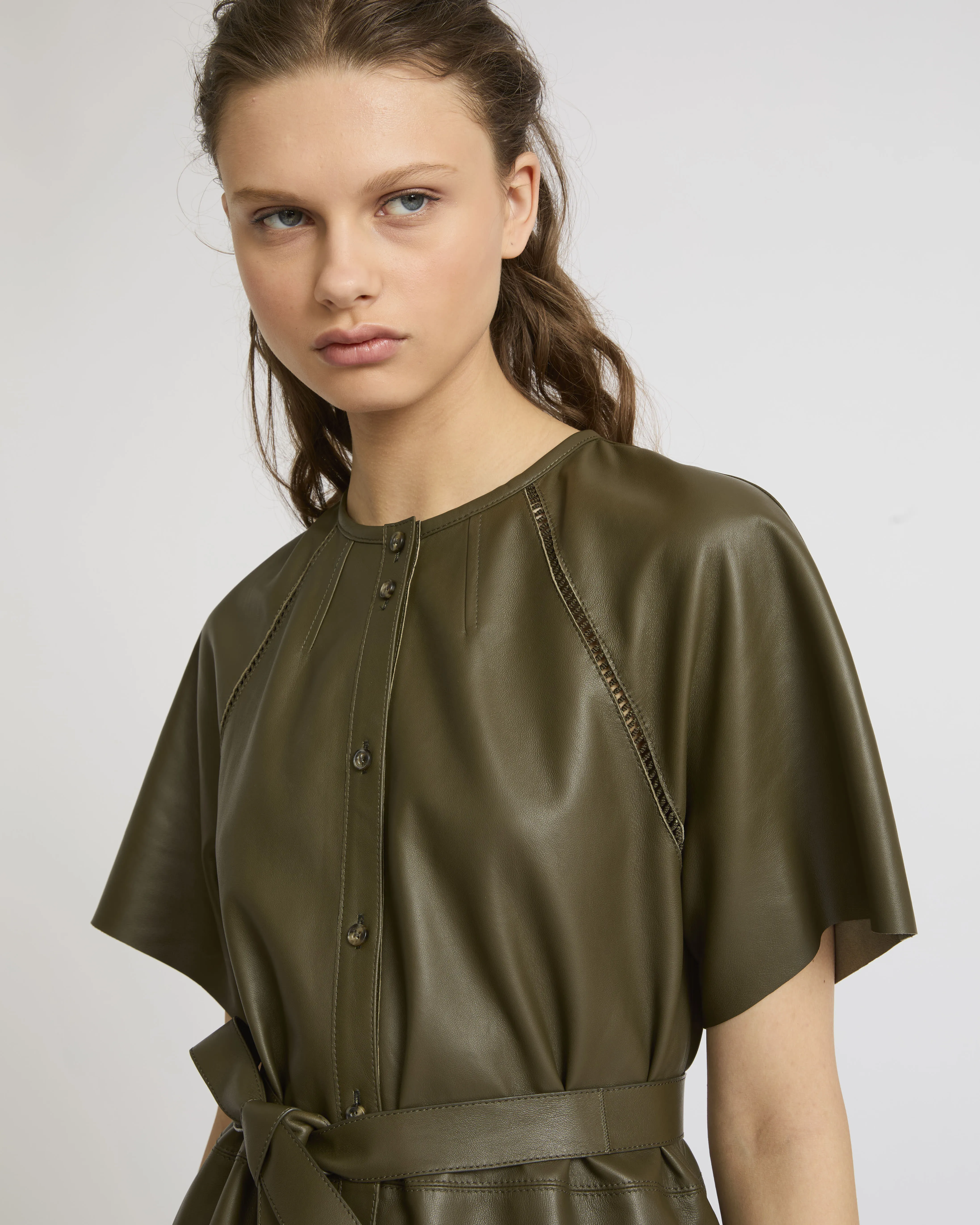 Lamb leather belted dress with ladder stitch