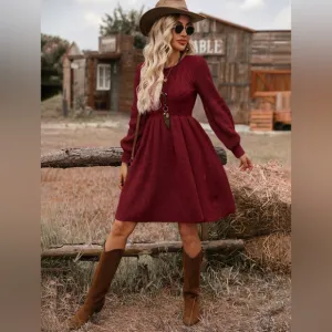 Lantern sleeve cable knitt sweater dress burgundy red maroonn