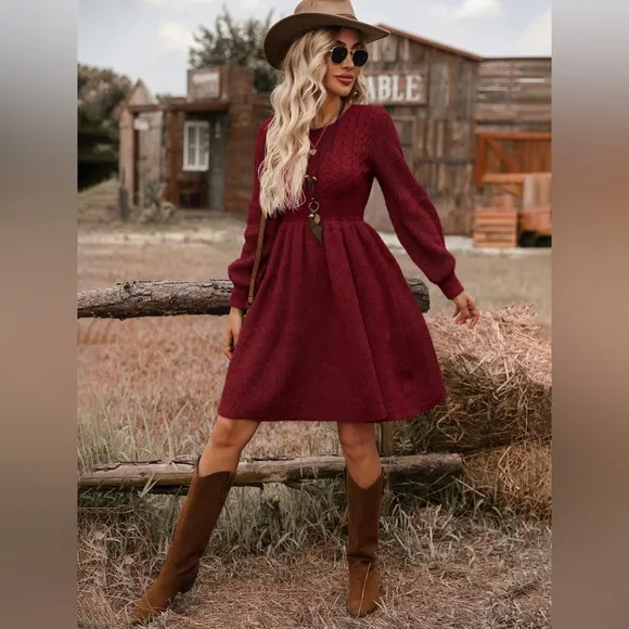 Lantern sleeve cable knitt sweater dress burgundy red maroonn
