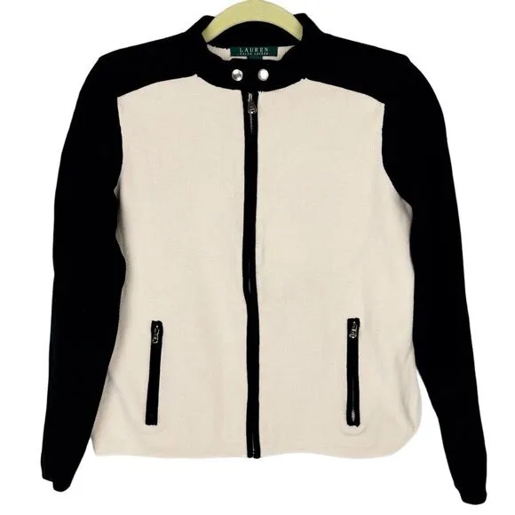 Lauren Ralph Lauren Black &amp; Cream Color Block Moto Zip Tight Knit Sweater Large