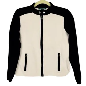 Lauren Ralph Lauren Black &amp; Cream Color Block Moto Zip Tight Knit Sweater Large