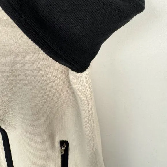 Lauren Ralph Lauren Black &amp; Cream Color Block Moto Zip Tight Knit Sweater Large