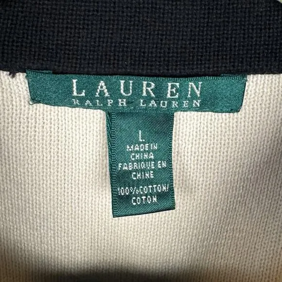 Lauren Ralph Lauren Black &amp; Cream Color Block Moto Zip Tight Knit Sweater Large