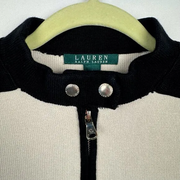 Lauren Ralph Lauren Black &amp; Cream Color Block Moto Zip Tight Knit Sweater Large