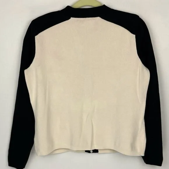 Lauren Ralph Lauren Black &amp; Cream Color Block Moto Zip Tight Knit Sweater Large