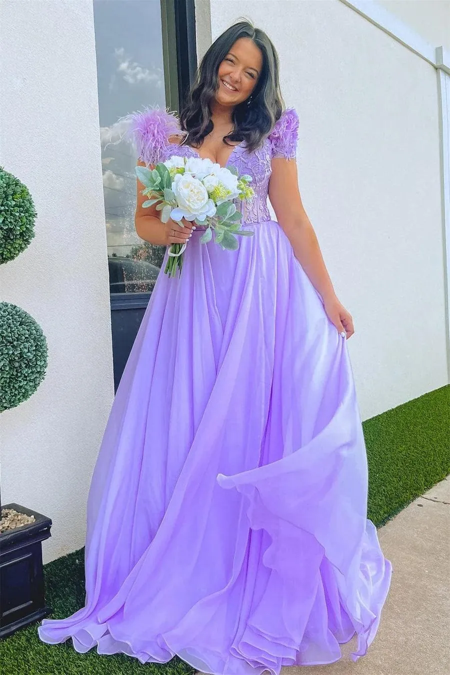 Lavender Plunging Off-the-Shoulder Feathers Appliques Long Prom Dress TP1220