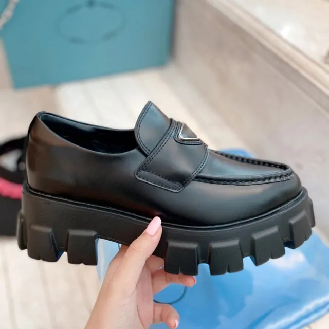 leather Platform loafers pointed toes shoes for women