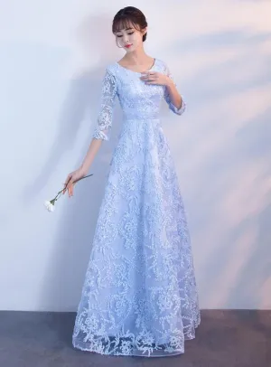 Light Blue 1/2 Sleeves Lace Long Prom Dress, Blue Party Dress